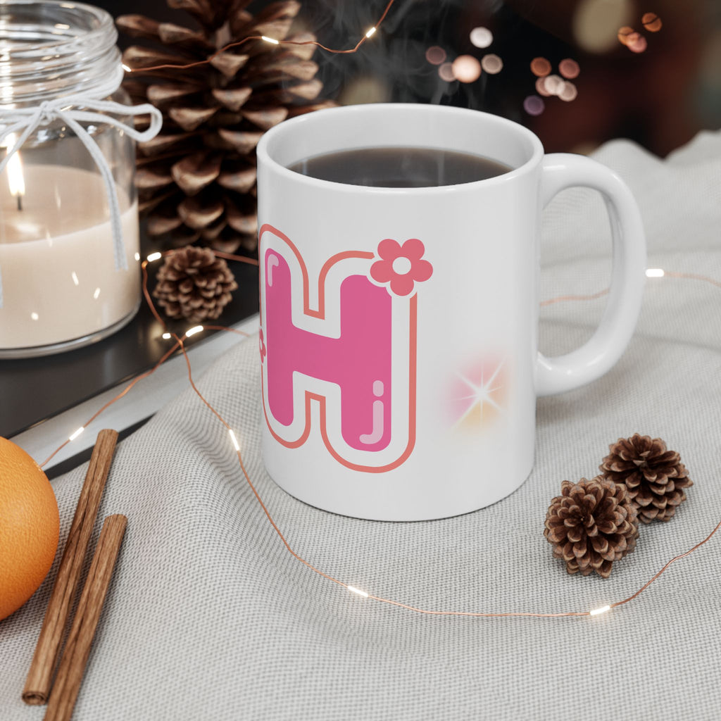 "H" Pink Flower Ceramic Mug — Customizable Cute Retro Floral 11oz/15oz Coffee Cup