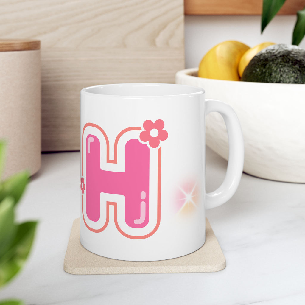 "H" Pink Flower Ceramic Mug — Customizable Cute Retro Floral 11oz/15oz Coffee Cup
