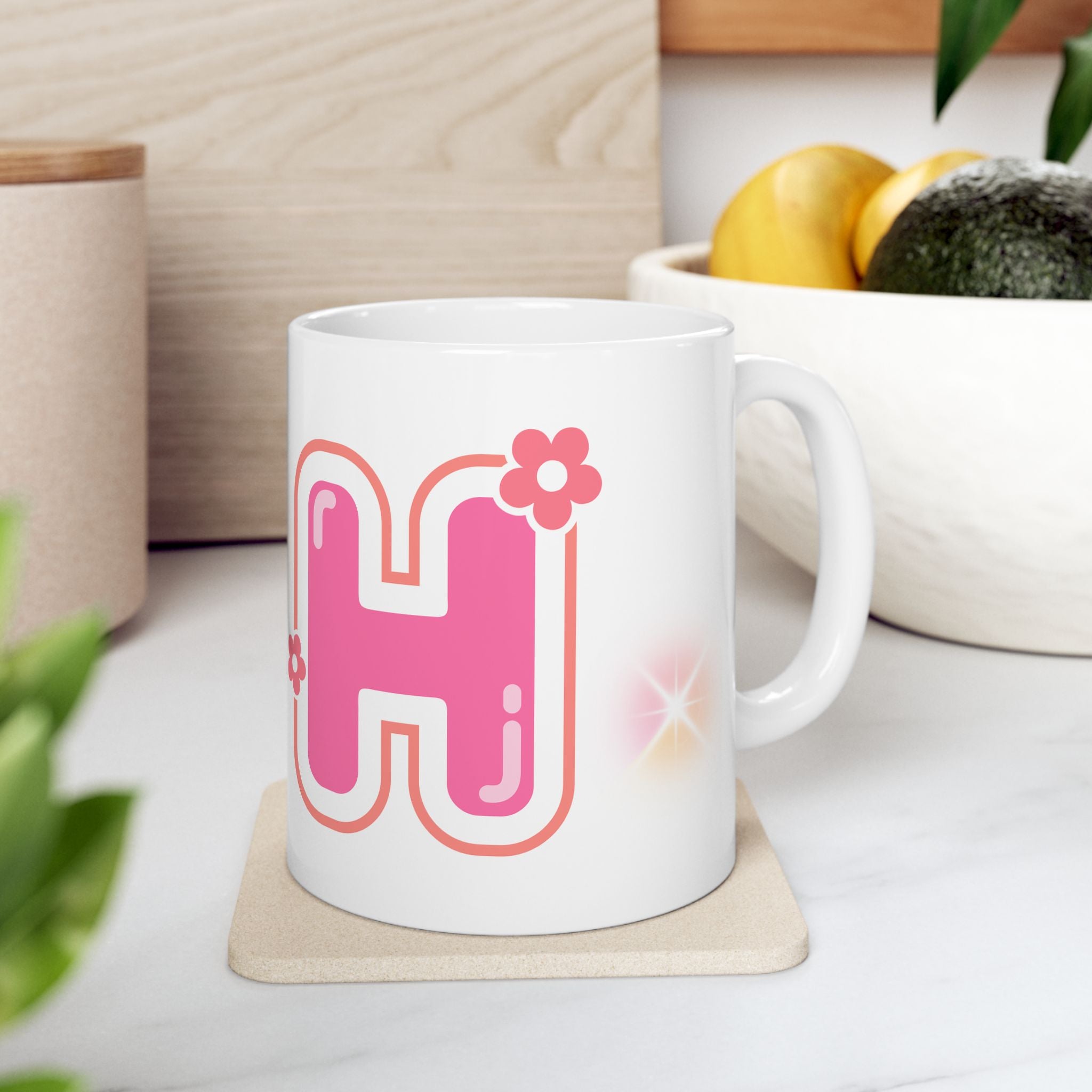 "H" Pink Flower Ceramic Mug — Customizable Cute Retro Floral 11oz/15oz Coffee Cup