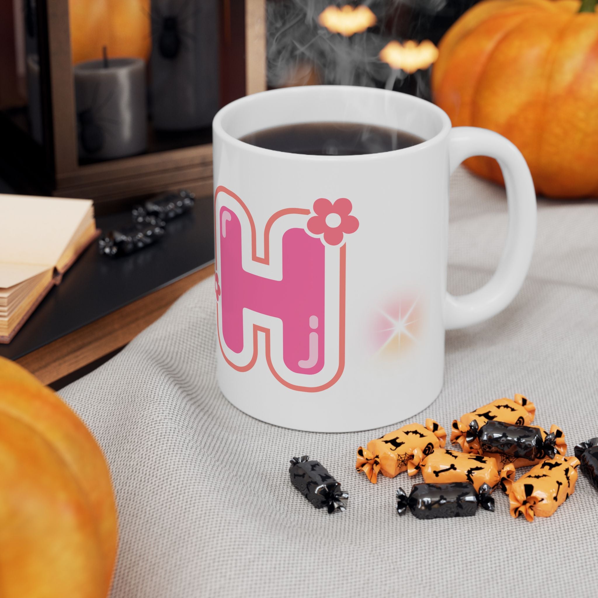 "H" Pink Flower Ceramic Mug — Customizable Cute Retro Floral 11oz/15oz Coffee Cup