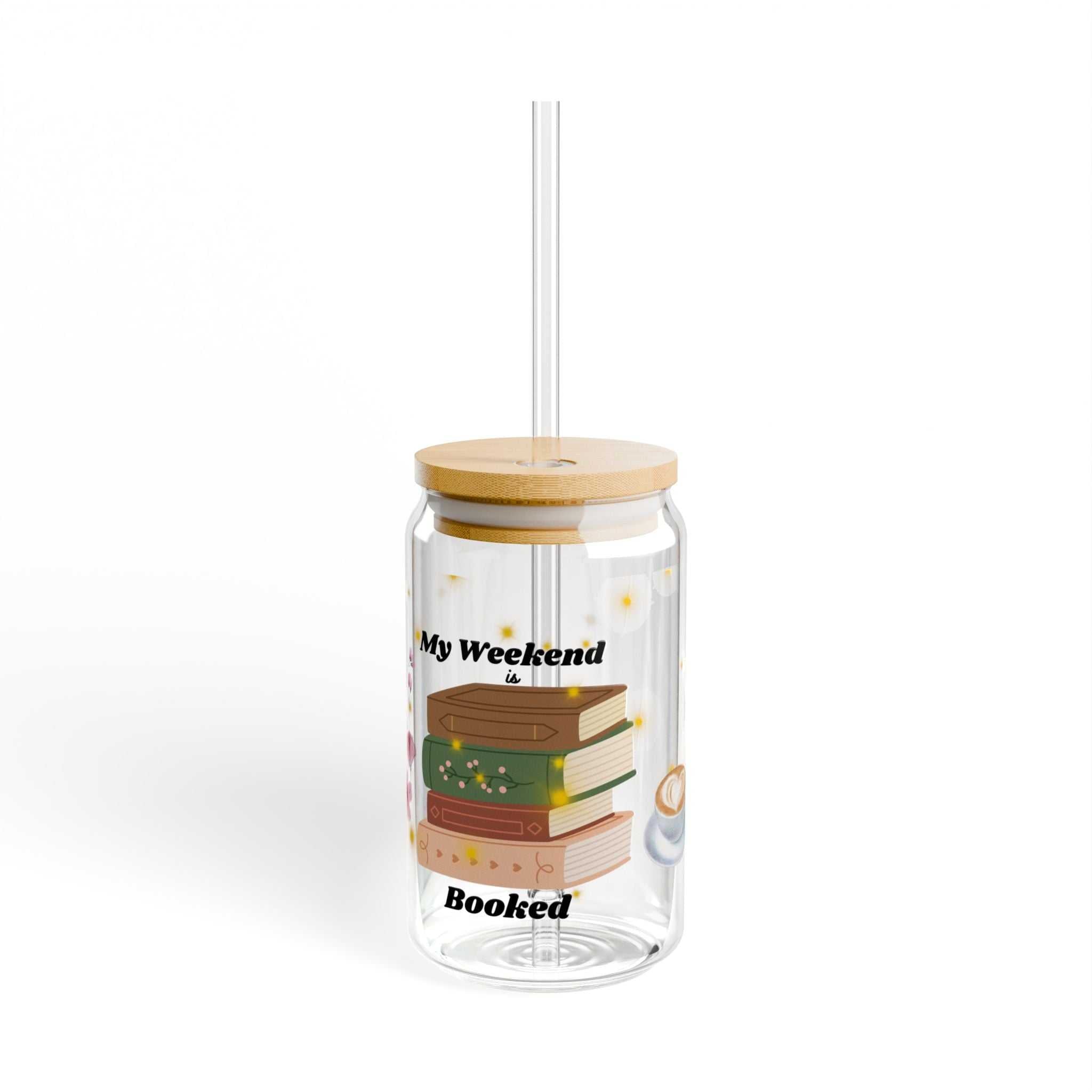 Clear 16oz Book Lover's Sipper Glass with bamboo lid and straw featuring "My Weekend Booked" design and book illustration