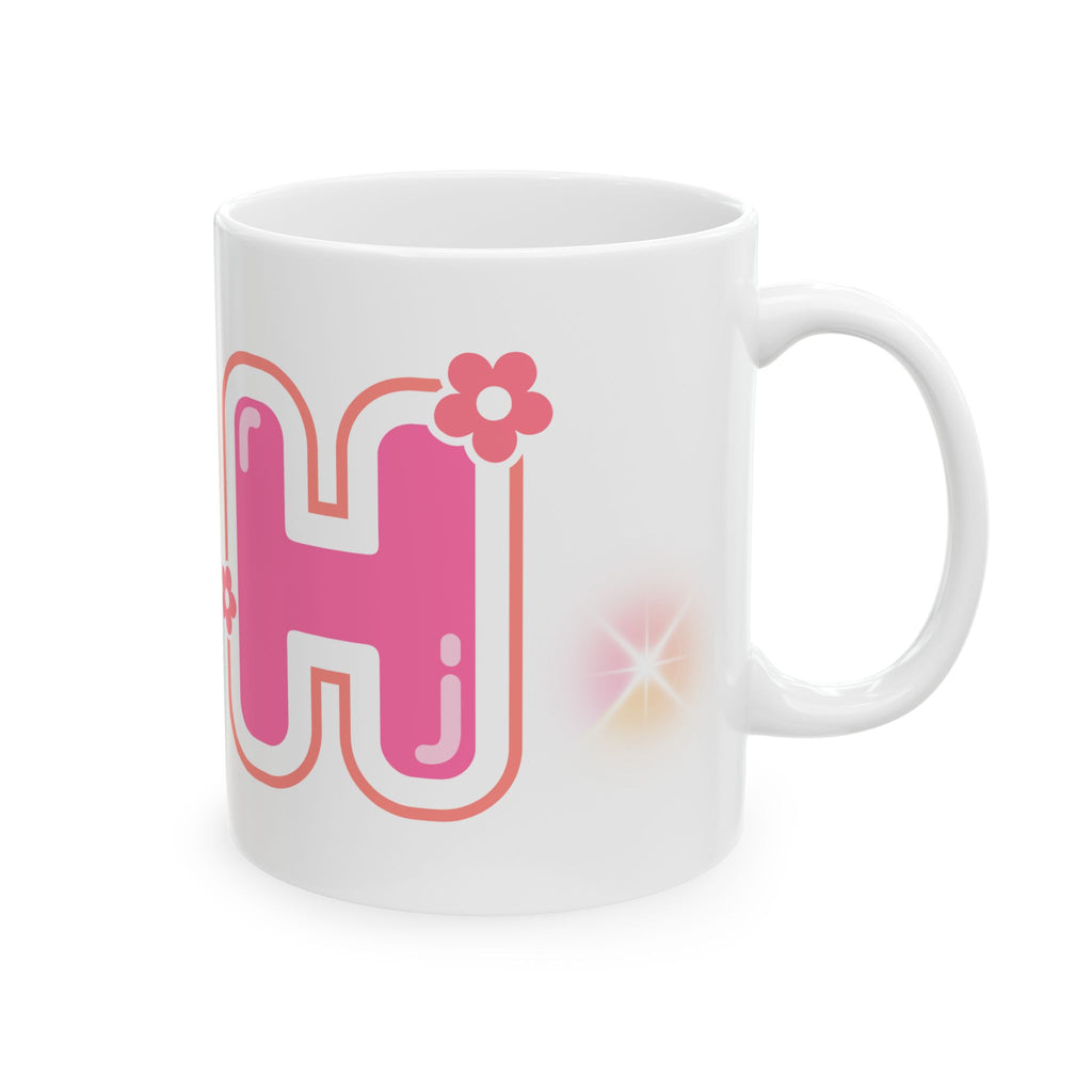 "H" Pink Flower Ceramic Mug — Customizable Cute Retro Floral 11oz/15oz Coffee Cup