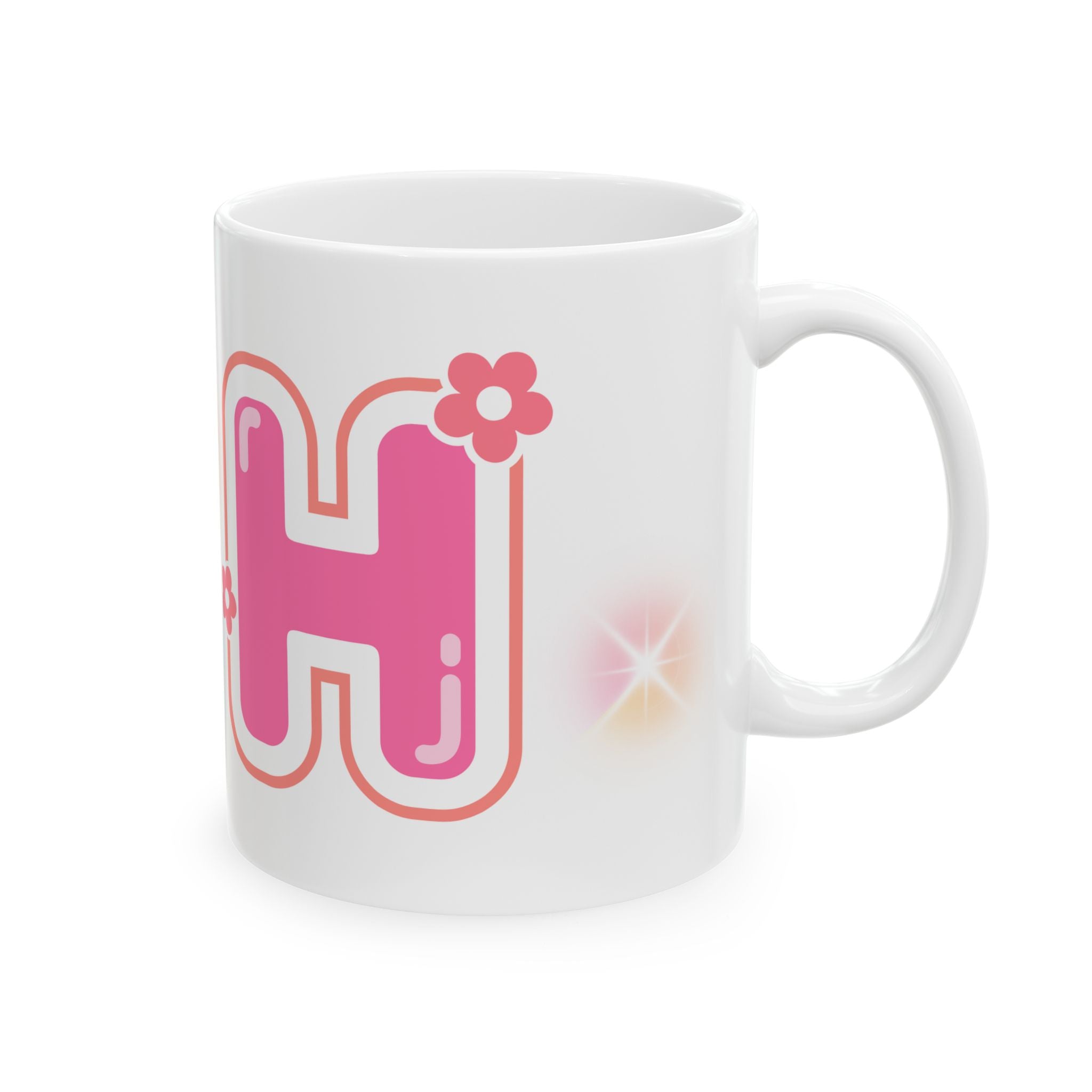 "H" Pink Flower Ceramic Mug — Customizable Cute Retro Floral 11oz/15oz Coffee Cup