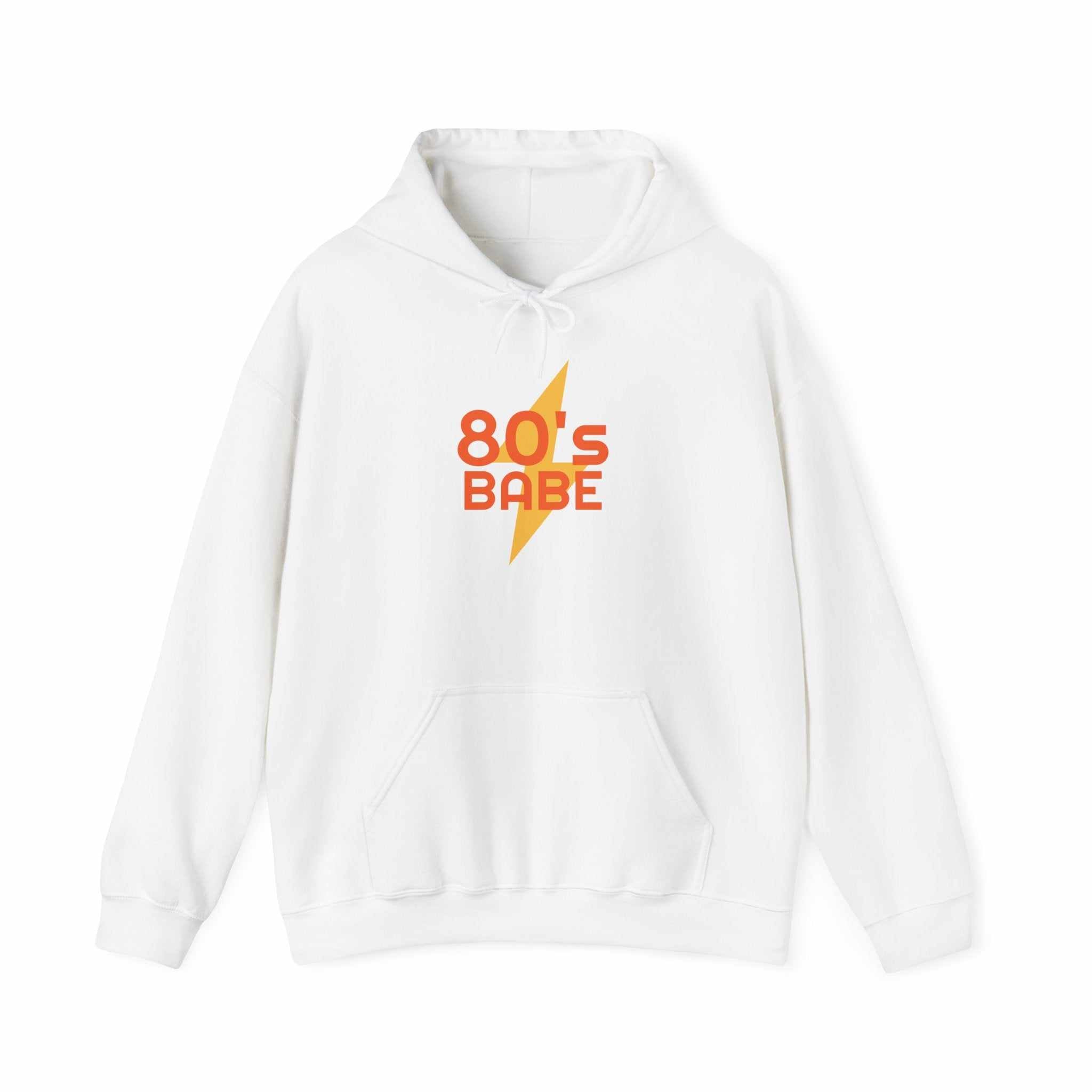 White 80's Babe unisex hoodie with front kangaroo pocket and retro lightning design